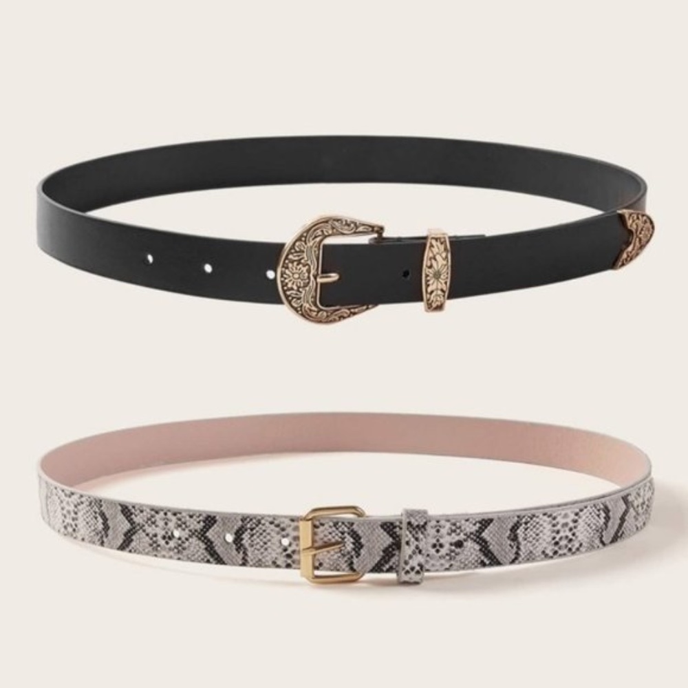 Western buckle Vegan Leather Snakeskin Print Belt Set - Picture 2 of 4